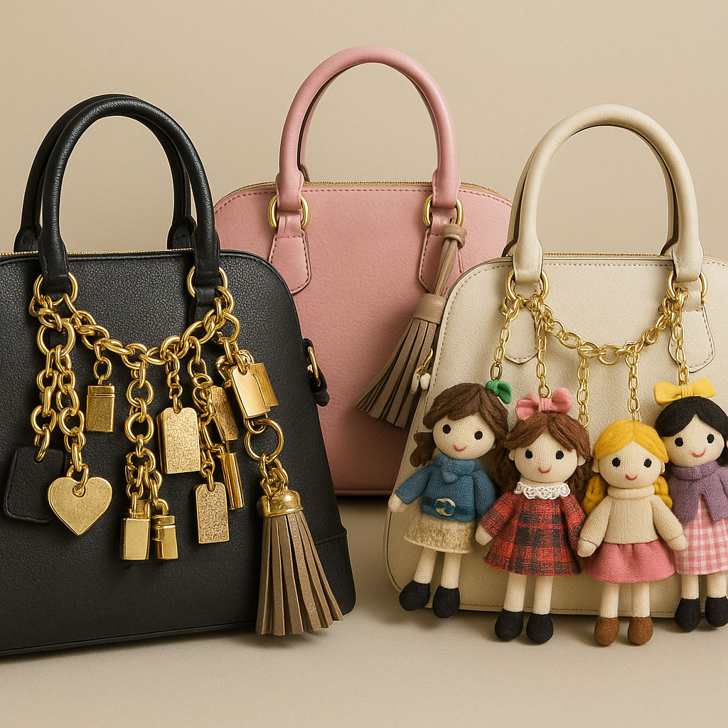 A collection of stylish handbags adorned with cute doll keychains, showcasing the bag charm trend.