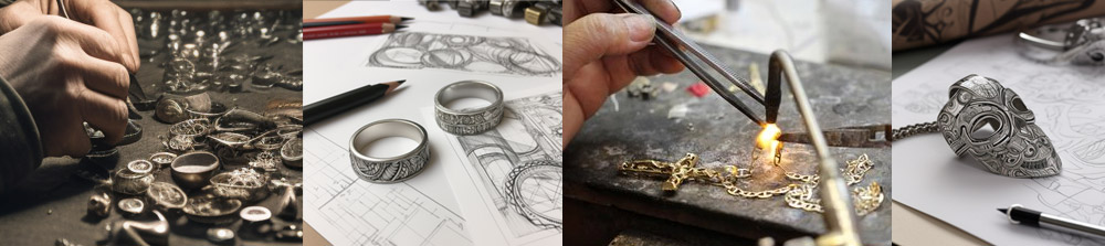 The intricate process of handmade jewelry creation, from raw materials to finished, polished pieces.