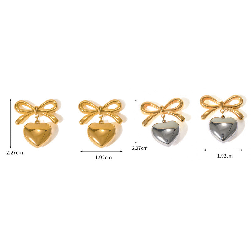 Collection of heart-shaped earrings with bow designs in gold and silver tones