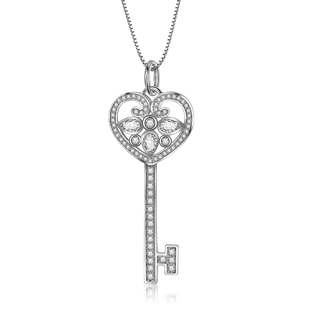 A detailed close-up of the heart-shaped key pendant, highlighting the intricate cubic zirconia embellishments.