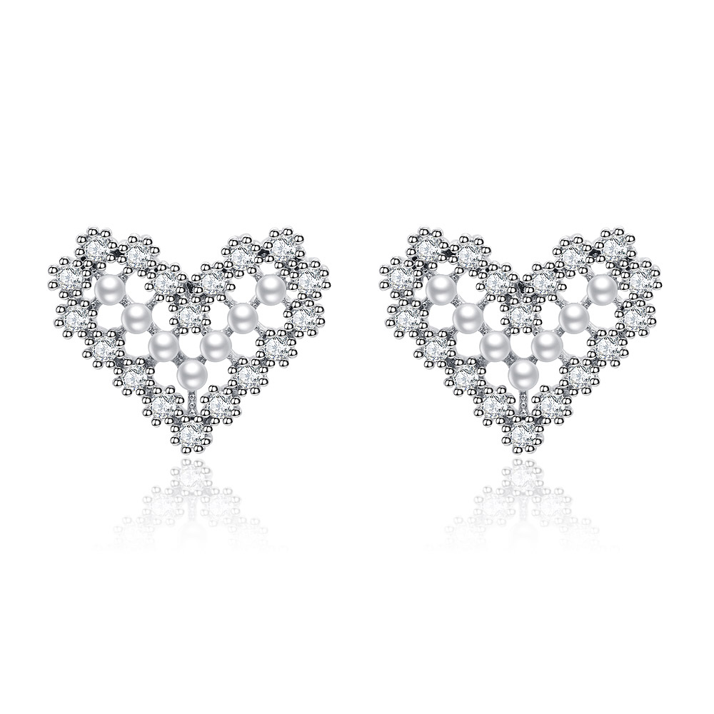 Detailed view of the Rhodium Heart Pearl CZ Stud Earring