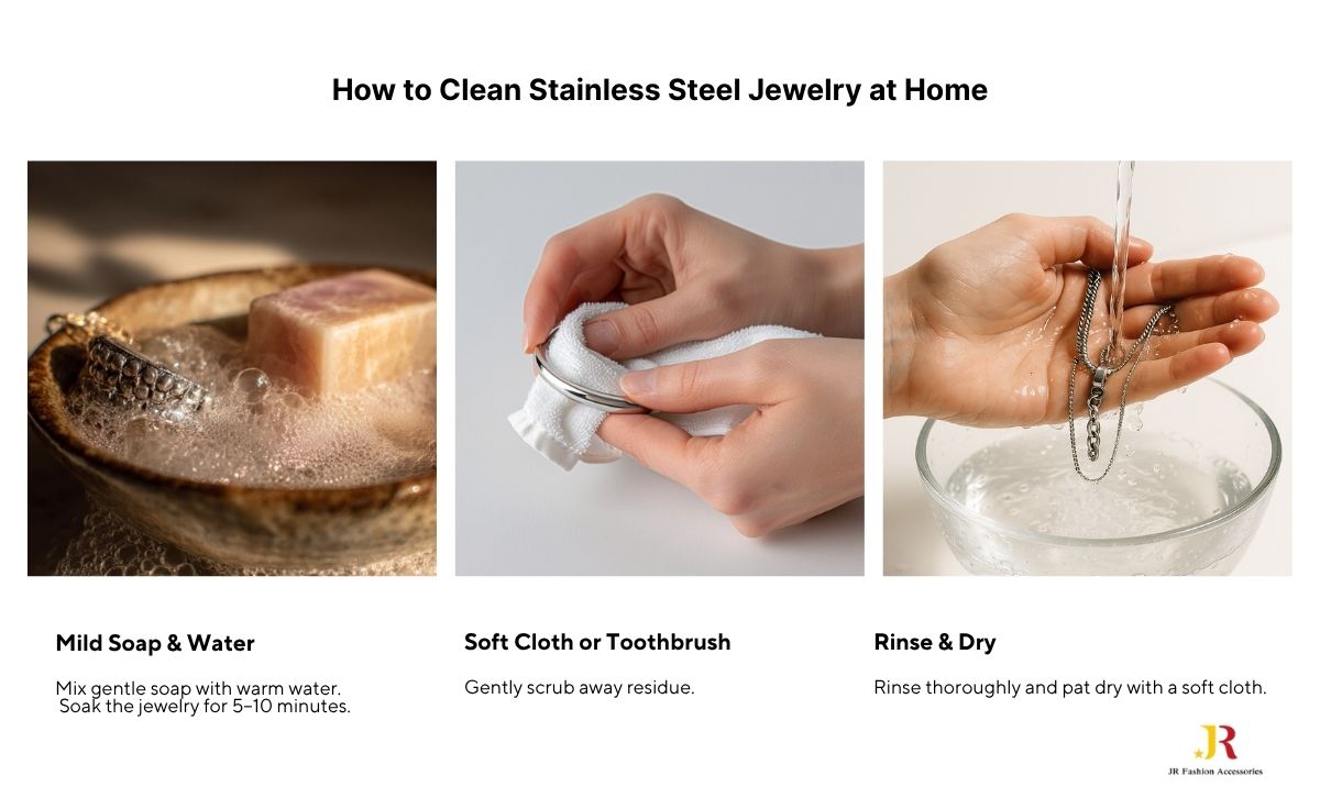 Infographic showing the steps to clean stainless steel jewelry: using mild soap and water, a soft cloth, and then rinsing and drying thoroughly.