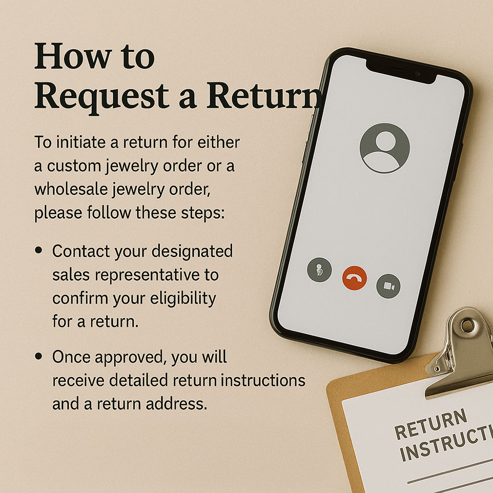 Infographic explaining the return process: contact sales rep, get approval and instructions, then send the item for inspection.