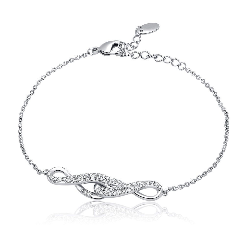 Detailed view of the CZ Interlock Infinity Charm Silver Bracelet