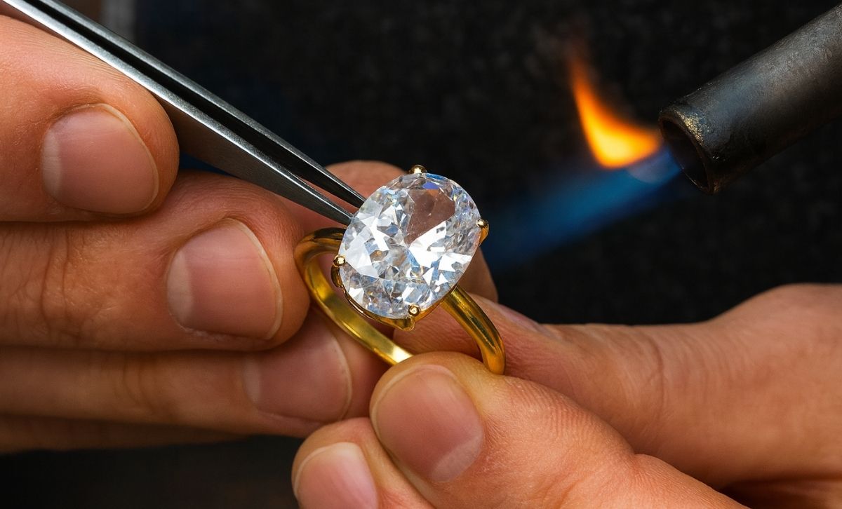 A jeweler from JR Fashion Accessories working on a custom diamond ring