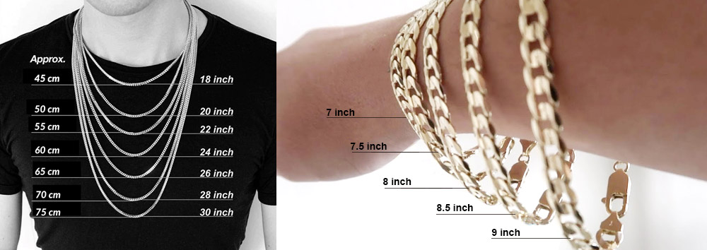 A visual guide showing standard lengths for men's necklaces and bracelets in cm and inches.