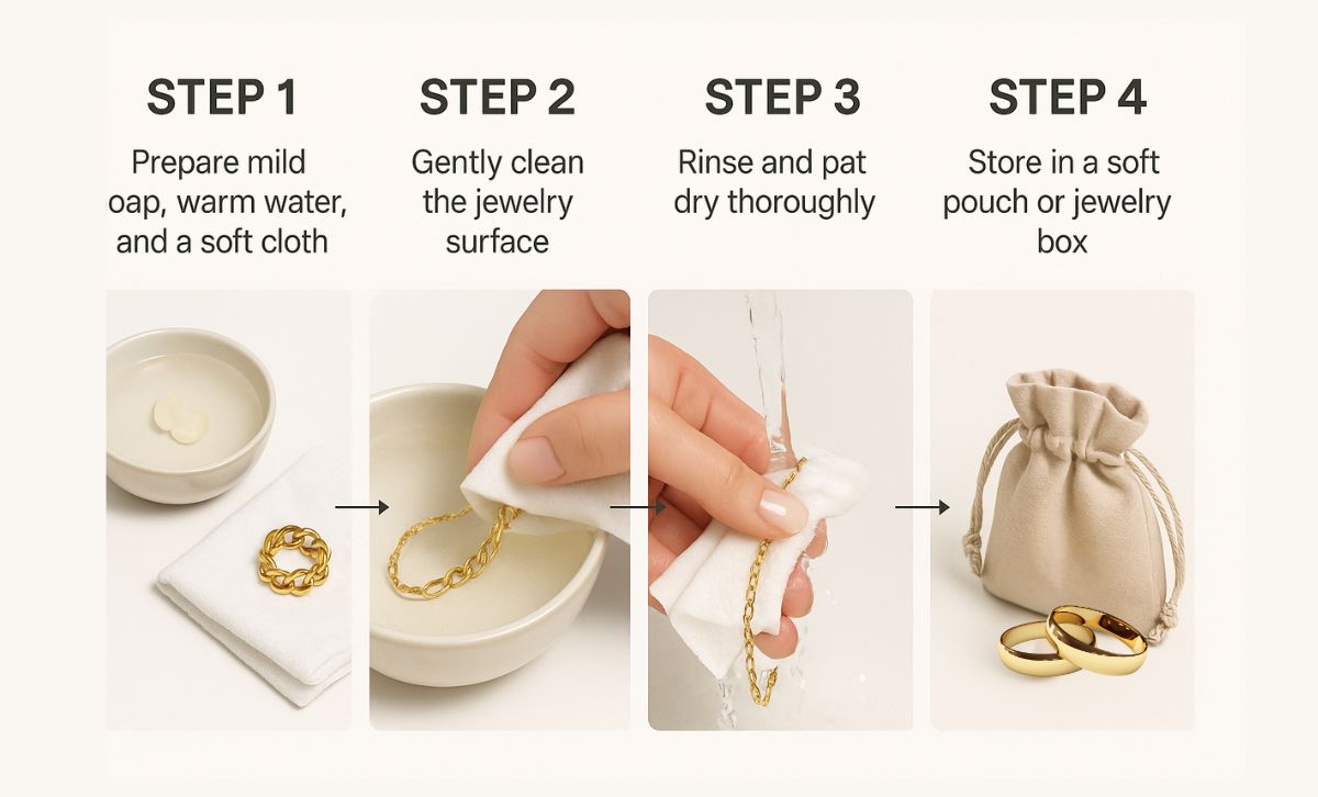 Infographic illustrating the four-step process for cleaning gold stainless steel jewelry.