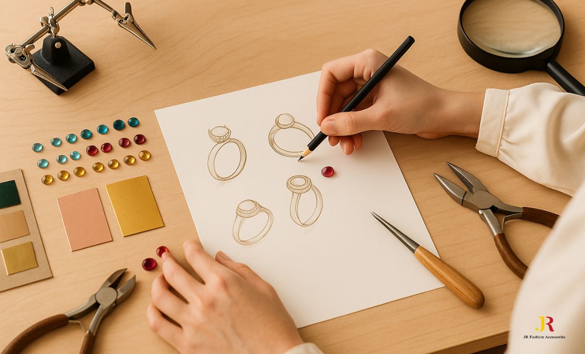 Jewelry designer sketching gemstone ring ideas on paper with tools and materials, illustrating how to design jewelry