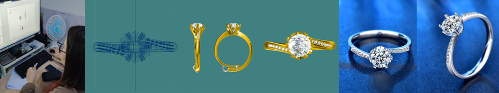 The jewelry design process, showing technical drawings and final products.