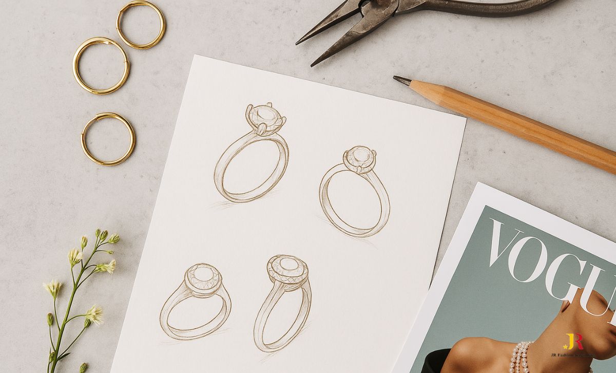 Jewelry designer creating a mood board with sketches, color swatches, and gemstones to define vision and goals