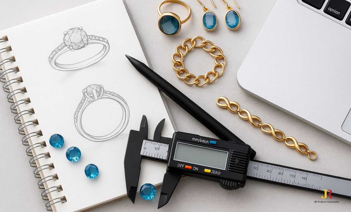 Close-up of jewelry manufacturer working on custom designs with CAD software and material samples