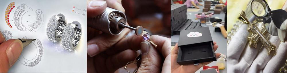 The process of creating jewelry, from design sketches to finished pieces.