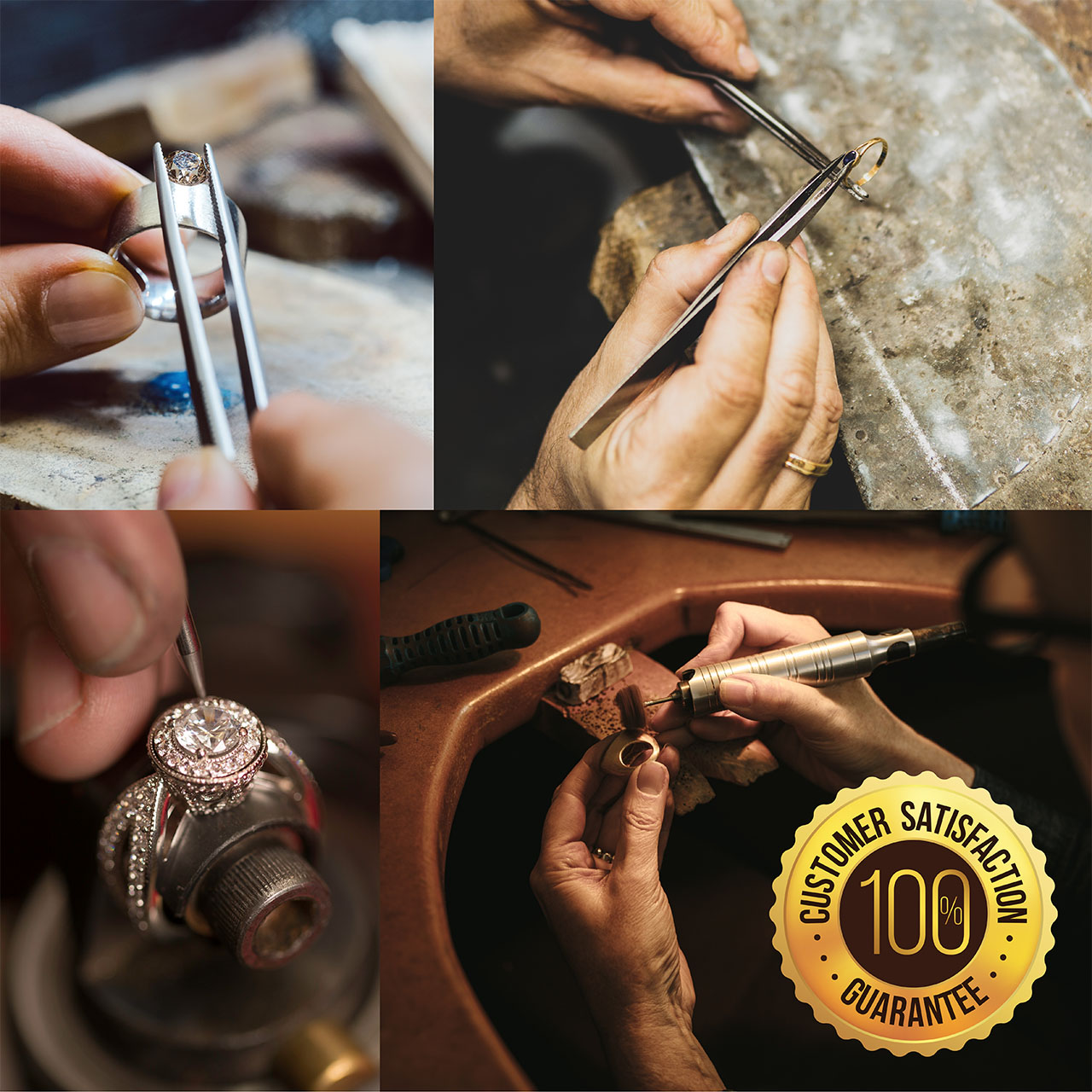 The intricate process of jewelry making, with a '100% Customer Satisfaction Guarantee' seal.