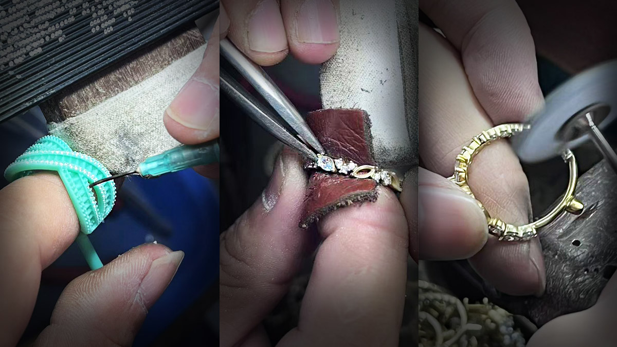 A craftsman carefully working on a piece of jewelry, showcasing the handcrafted precision at JR Fashion Accessories.