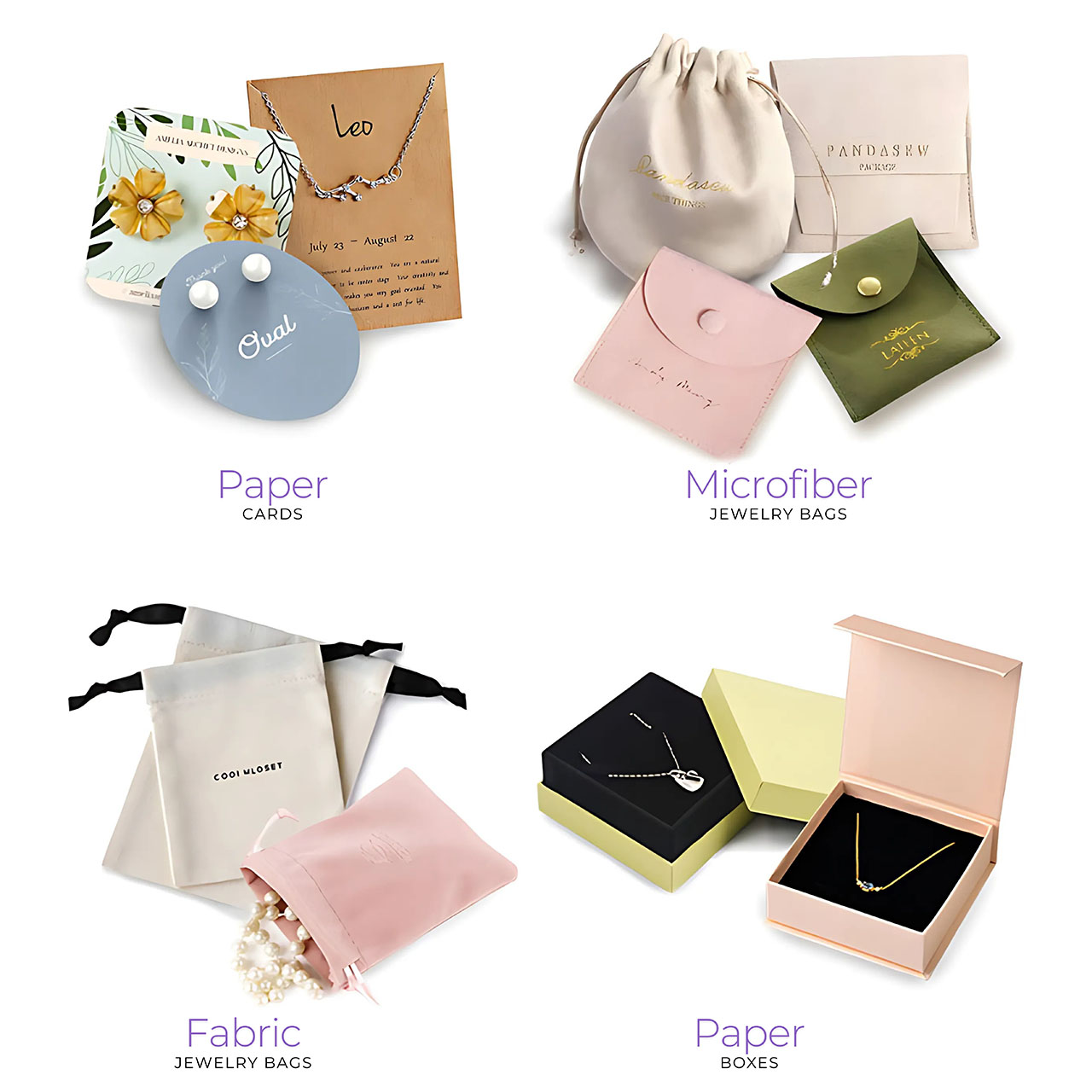 A variety of custom jewelry packaging options including branded cards, pouches, and boxes.