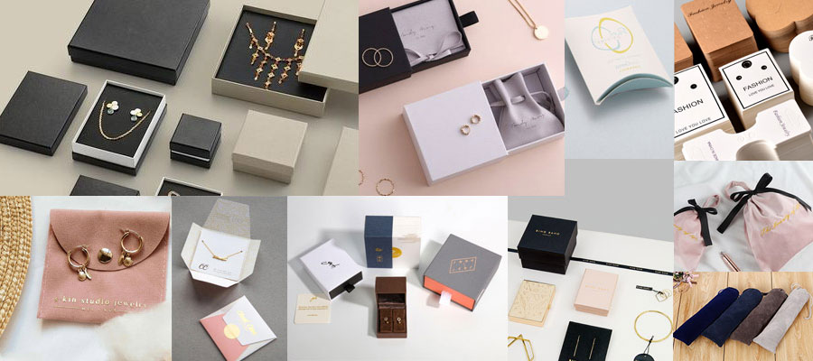 A collage of various custom jewelry products and branded packaging options.