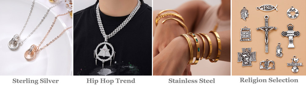 A collage of various jewelry products including necklaces and bracelets in sterling silver and rose gold.