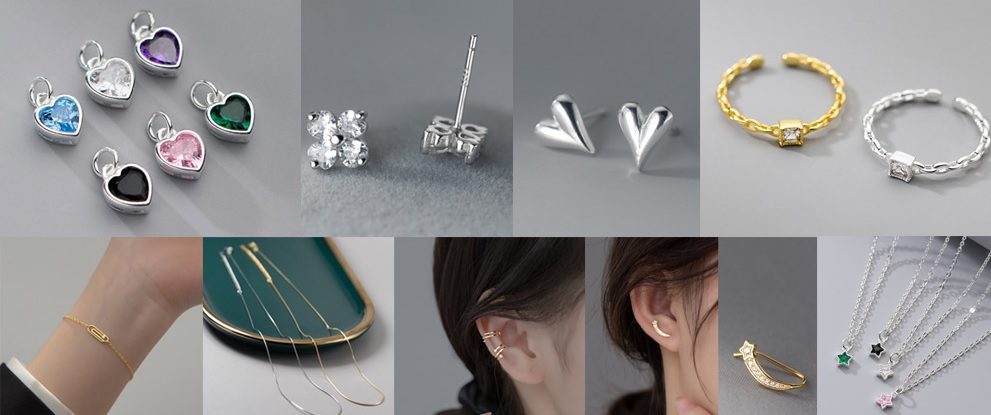 A collage of various custom jewelry pieces by JR Fashion Accessories including rings, necklaces, and earrings.