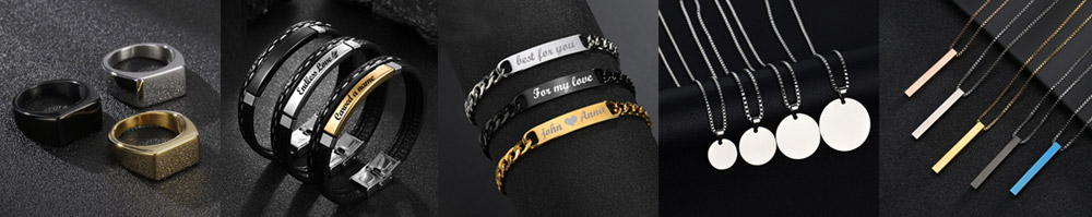 A variety of custom men's jewelry products including rings, bracelets, and necklaces in gold, silver, and black finishes.