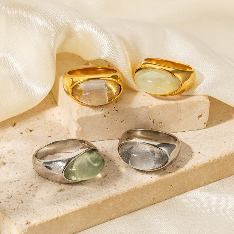 Close-up view of the stainless steel chunky resin rings in various styles.