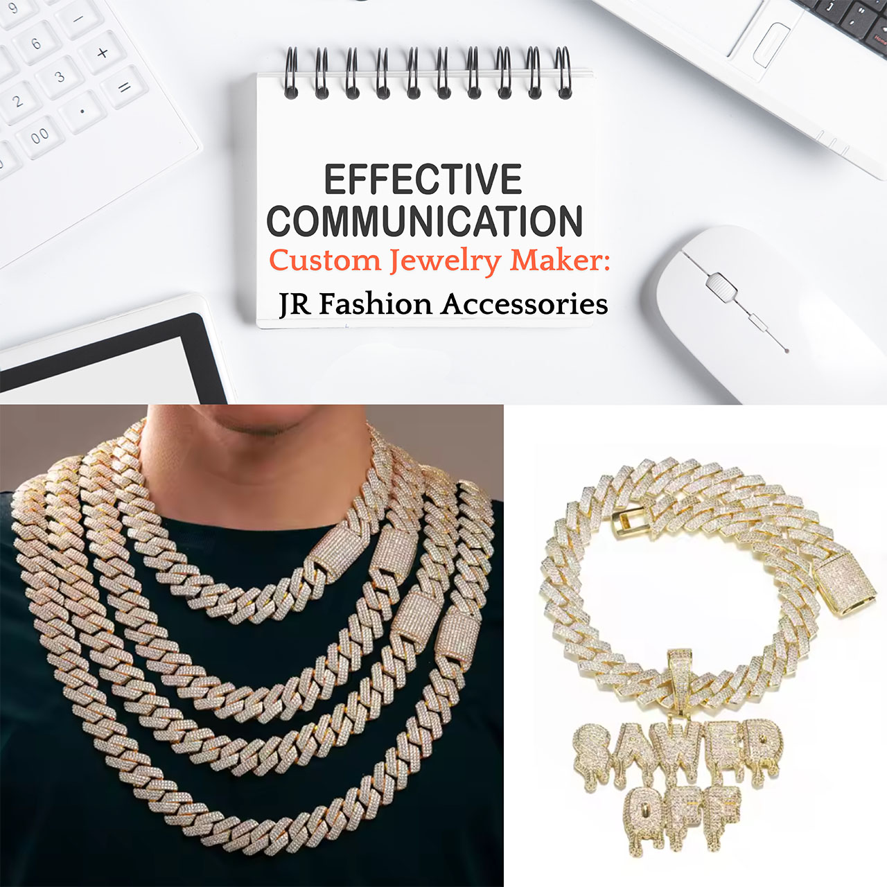 A collection of custom gold and silver Cuban link chains and bracelets by JR Fashion Accessories.