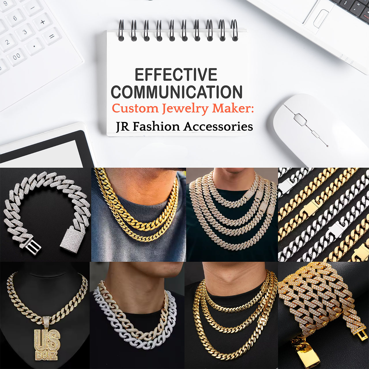 A collection of custom gold and silver chain necklaces and bracelets from JR Fashion Accessories.