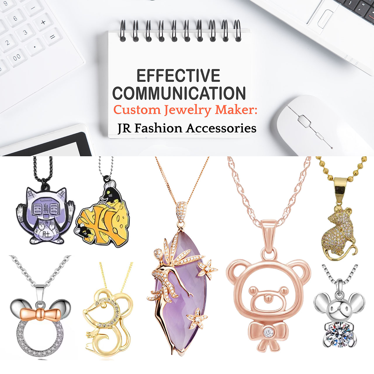 Showcase of custom jewelry from JR Fashion Accessories, including rings and necklaces.