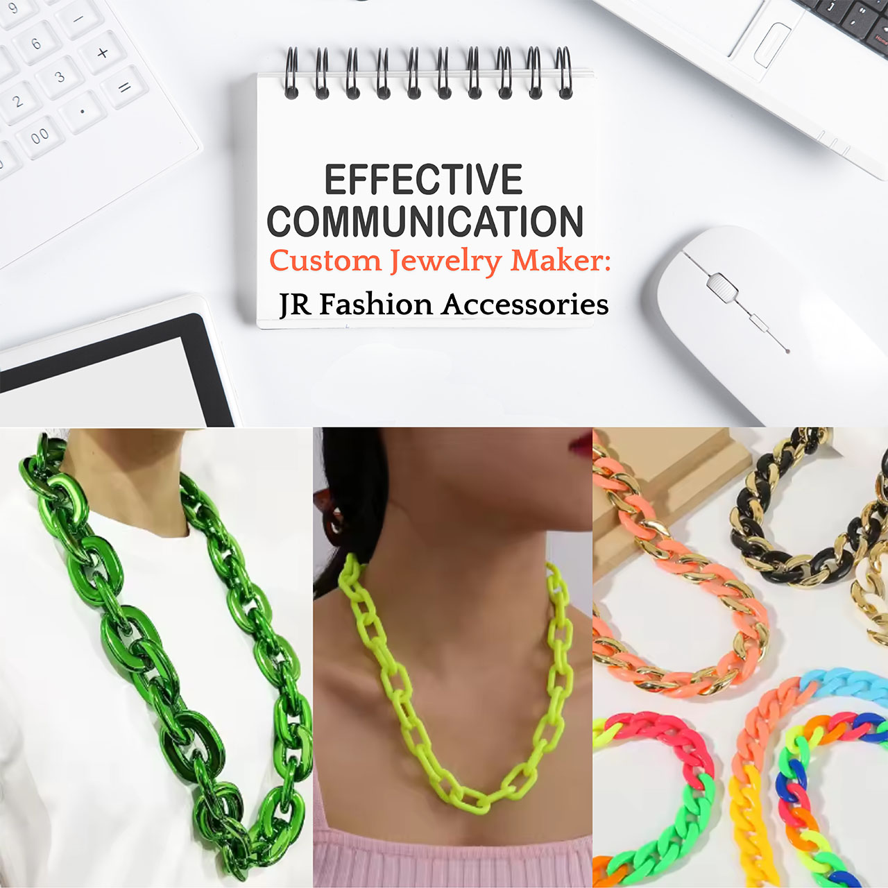 Promotional image for JR Fashion Accessories custom jewelry, featuring colorful chain necklaces and bracelets.