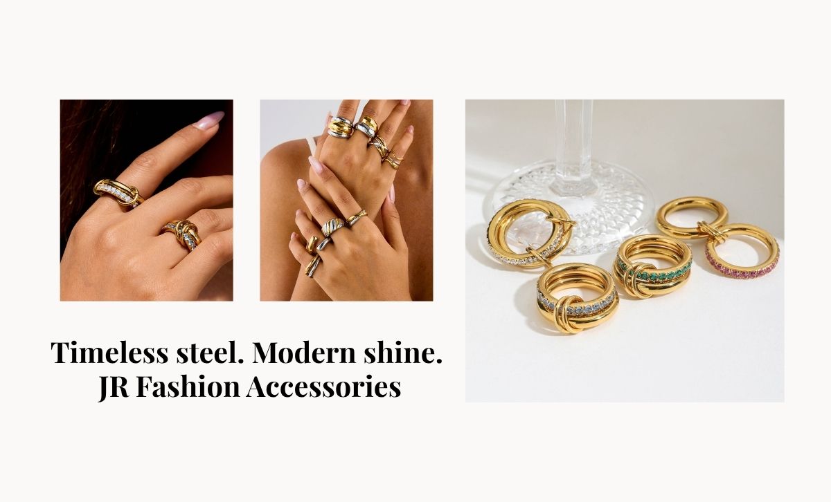 A collection of private label gold ion-plated stainless steel rings with colorful stones from JR Fashion Accessories.