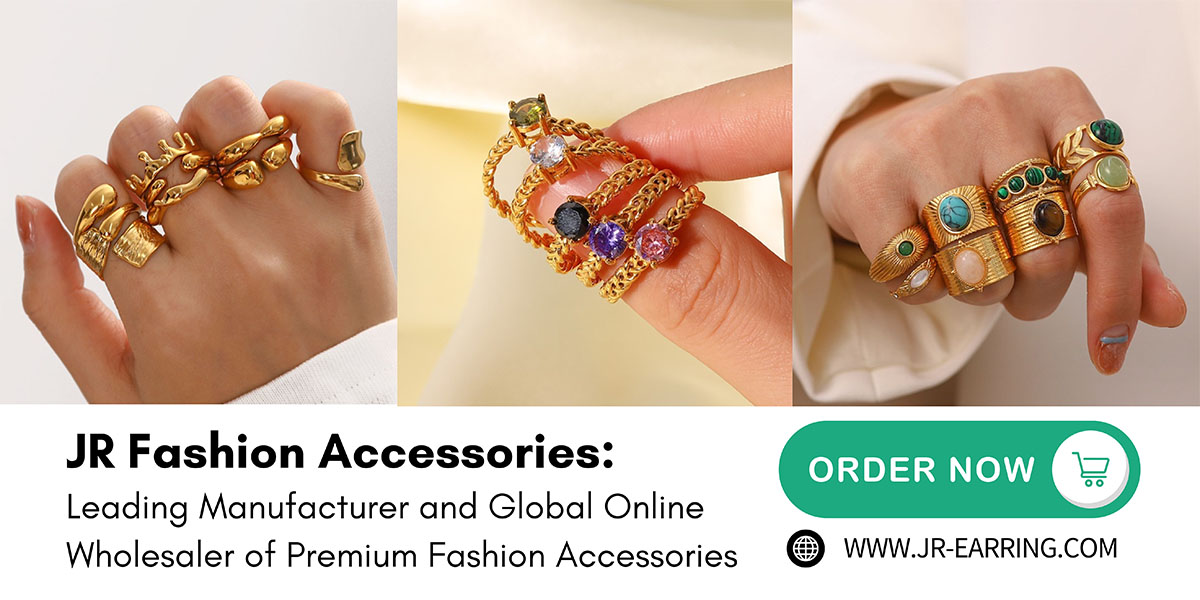 Promotional image for JR Fashion Accessories as a leading manufacturer of fashion accessories, highlighting gold rings.