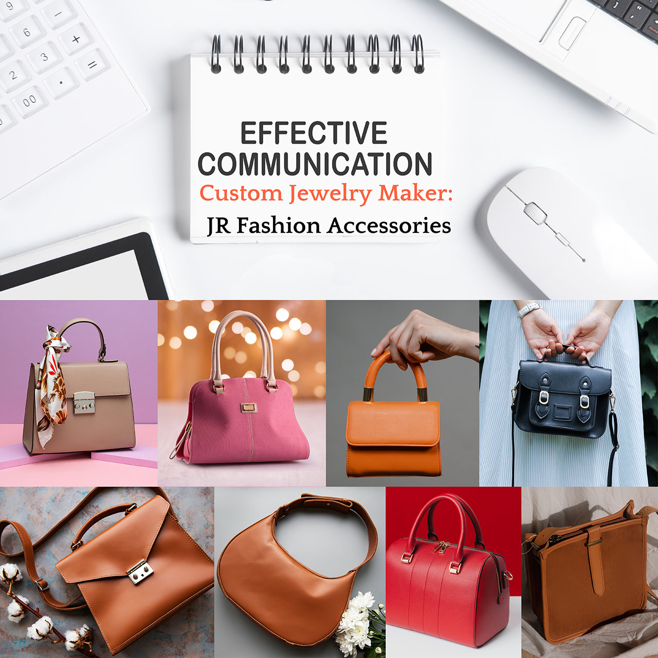 A collection of custom handbags from JR Fashion Accessories, showcasing various designs and styles.