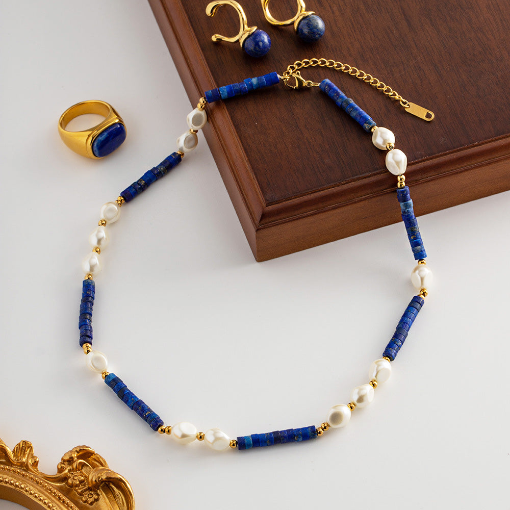 Complete jewelry set with lapis lazuli and pearl necklace, ring, and earrings