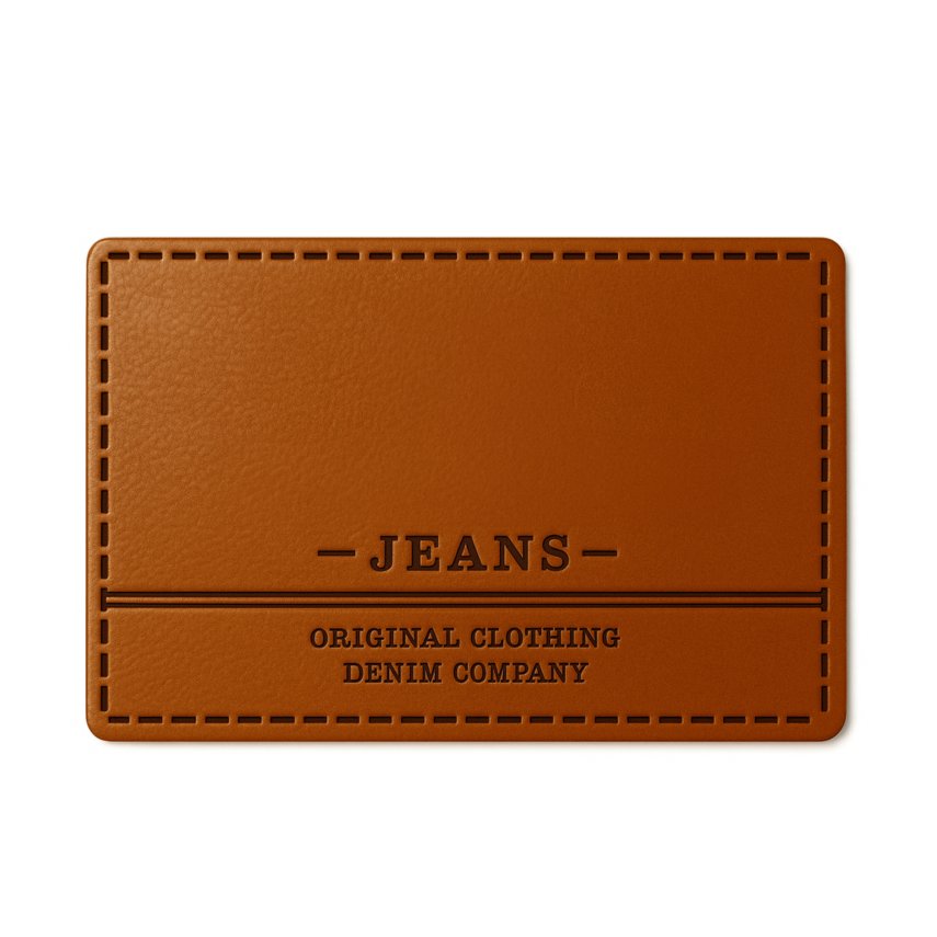 A custom leather label for a denim company sewn onto the waistband of jeans.