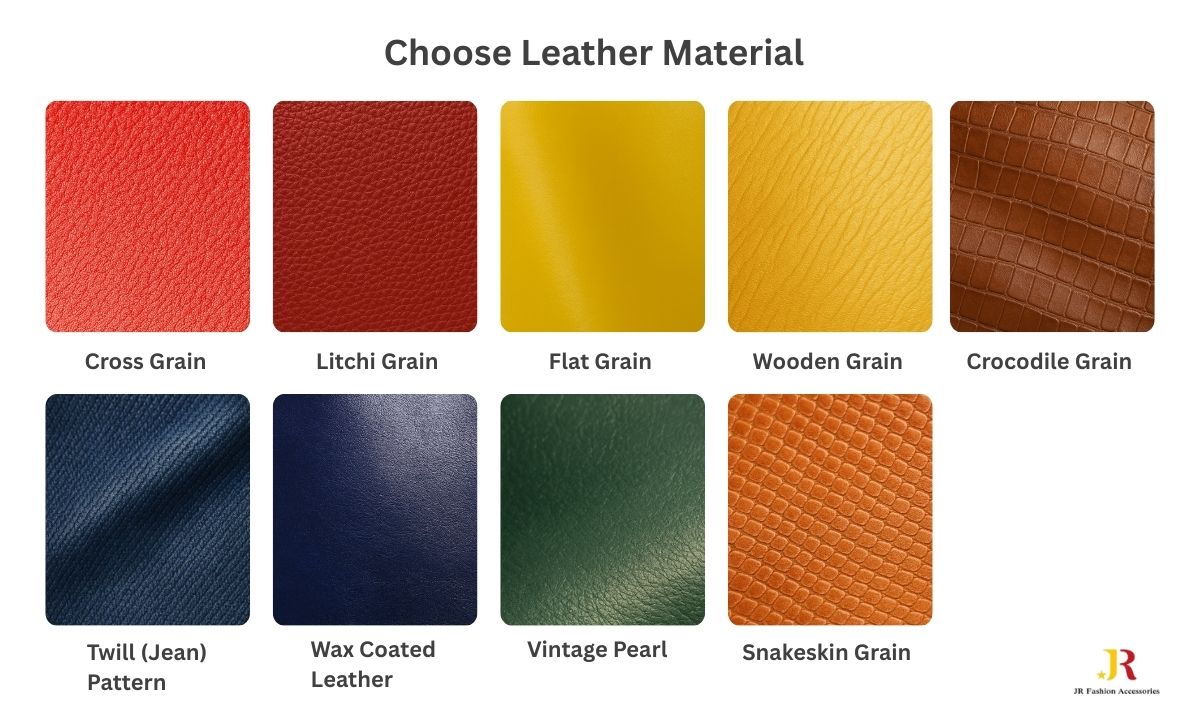 A showcase of various premium leather material options for custom bag charms, including cross grain, litchi grain, and crocodile textures.