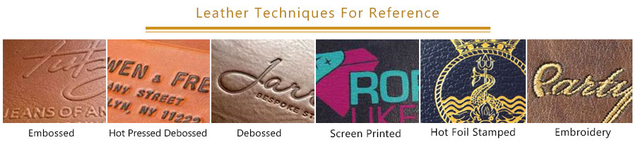 Examples of different leather logo techniques including embossed, debossed, screen printed, and hot foil stamped.