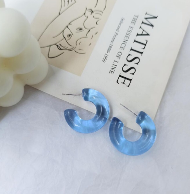 Stylish light blue hoop earrings displayed next to an art booklet.