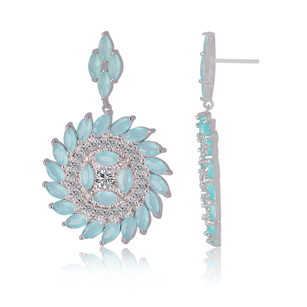 Close-up of the Blue Rounded Radiant CZ Earring's floral design