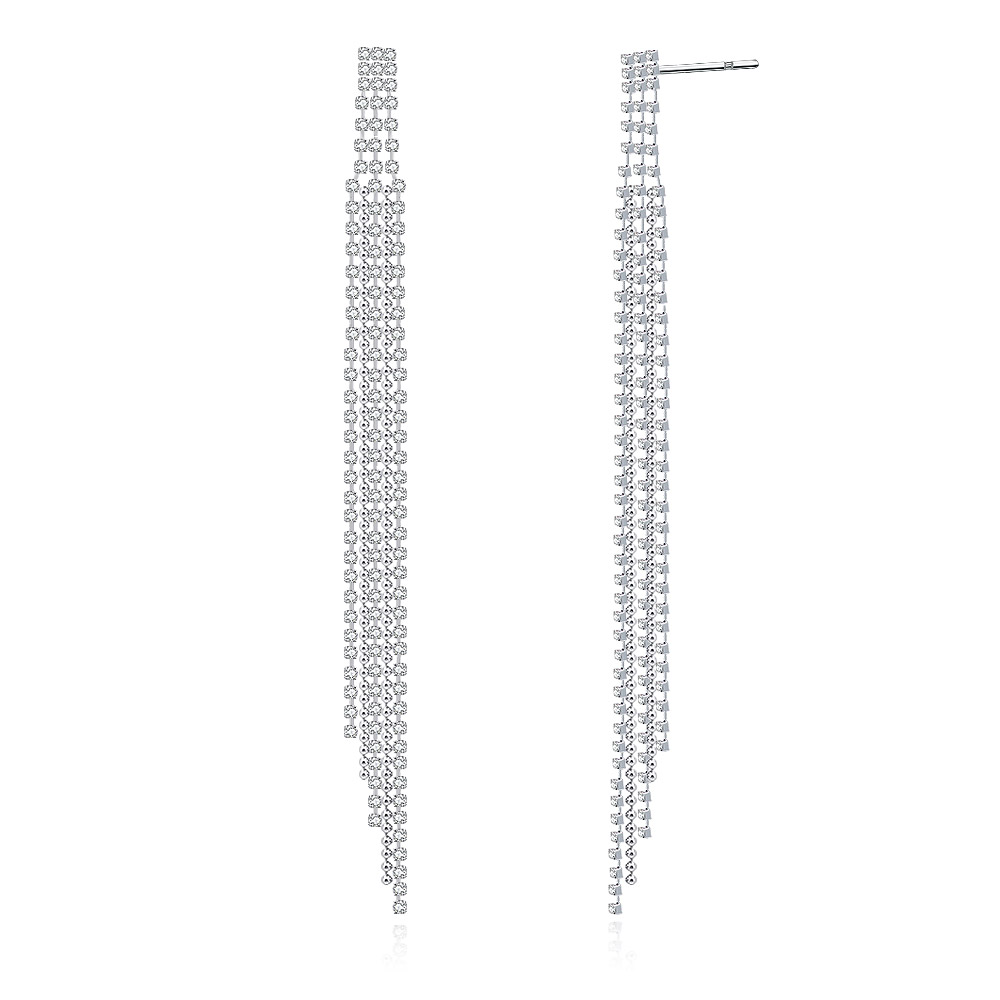 A detailed view of the long dangling crystal earrings showcasing the crystal arrangement