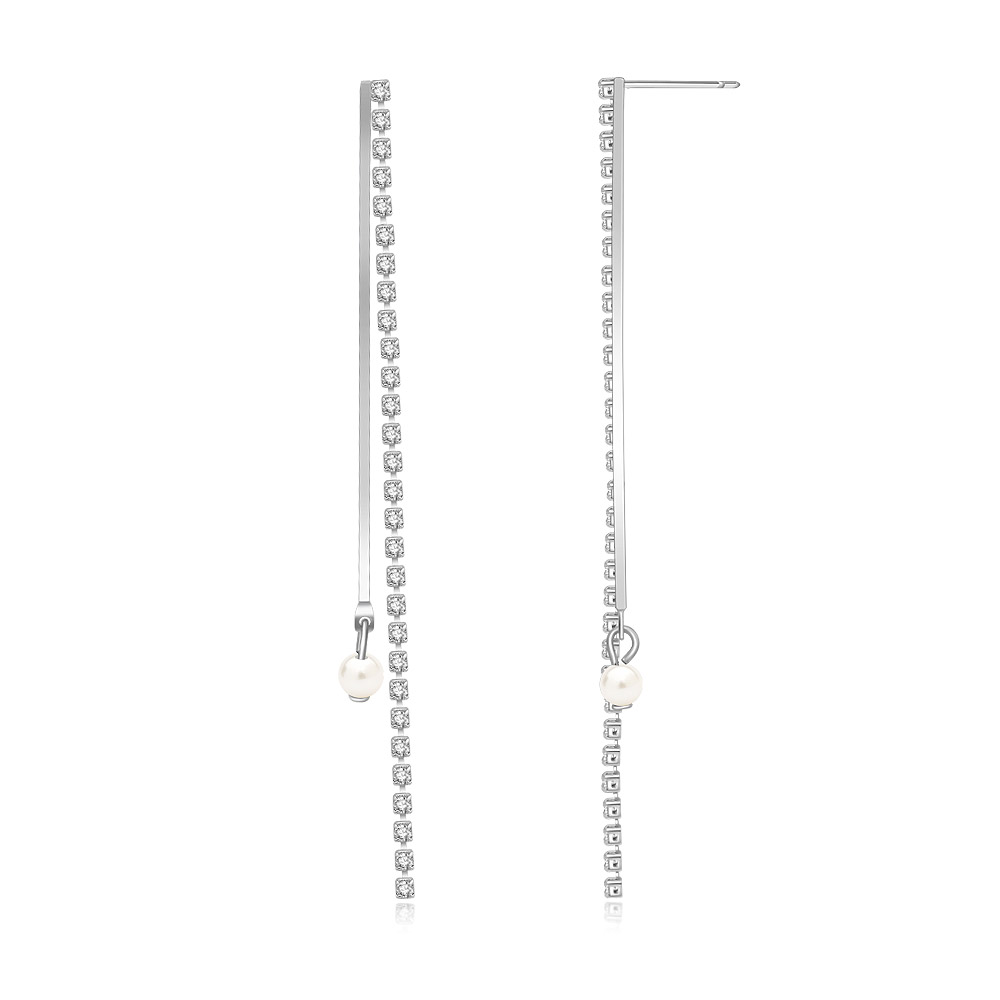 Close-up of the cubic zirconia detail on the pearl drop earrings