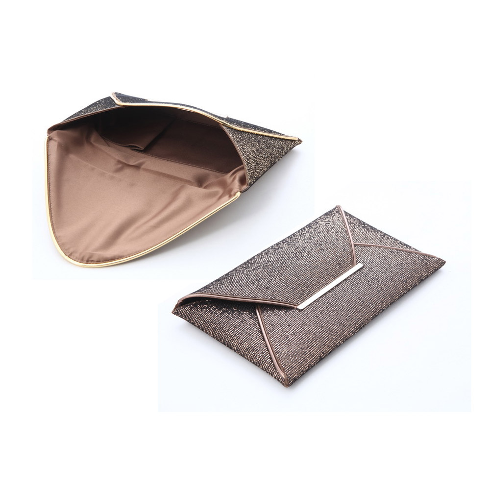 A collage showcasing the luxury clutch bag from multiple angles, including its interior and exterior details.