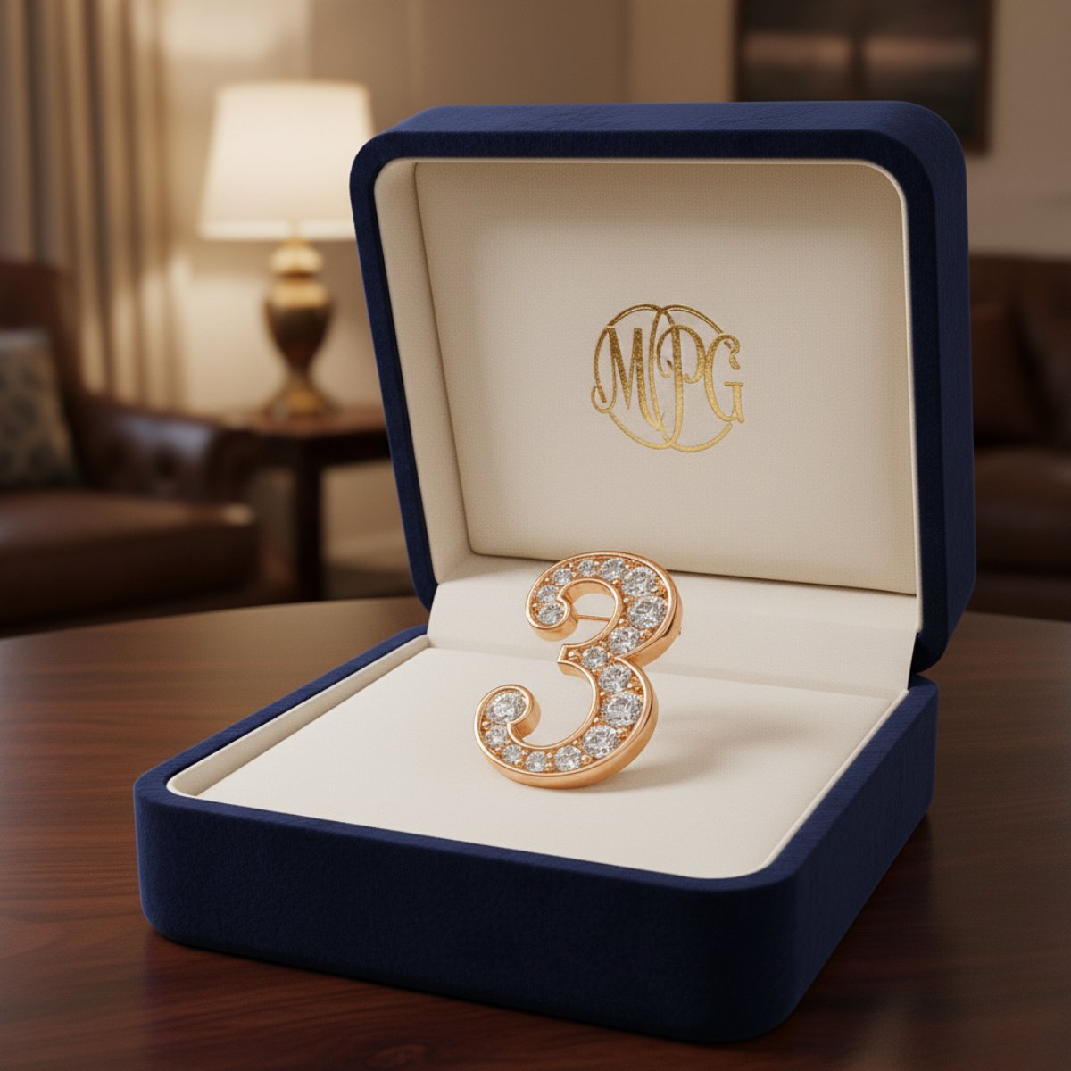 A luxury letter brooch number 3 in a jewelry gift box with a gold monogram logo.