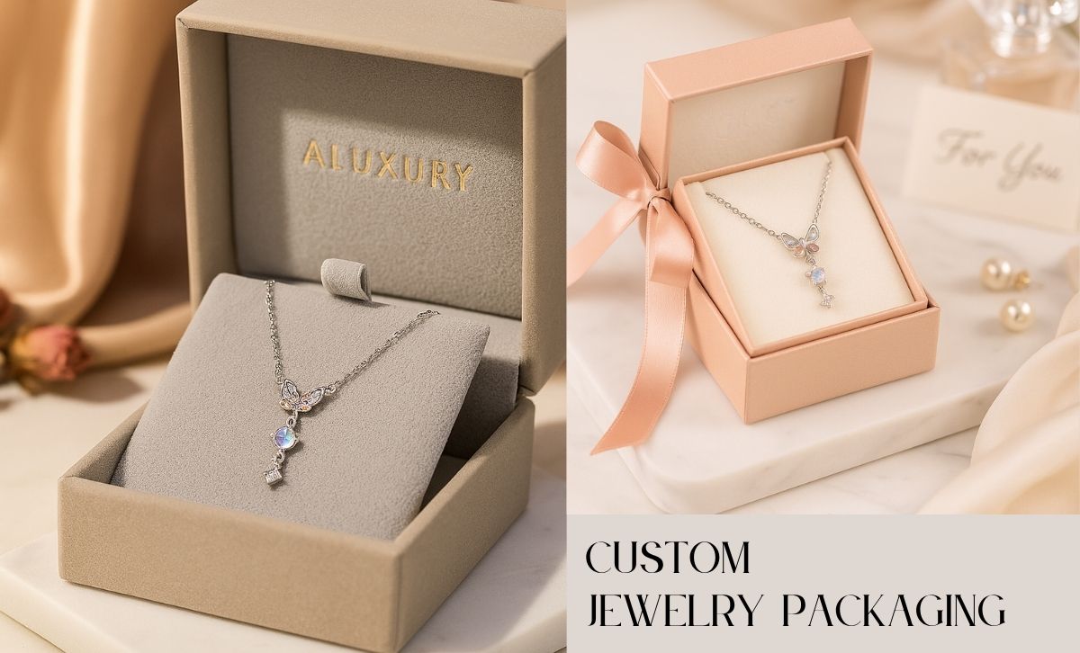 Custom jewelry packaging options including velvet pouches and branded cards for the butterfly necklace set.