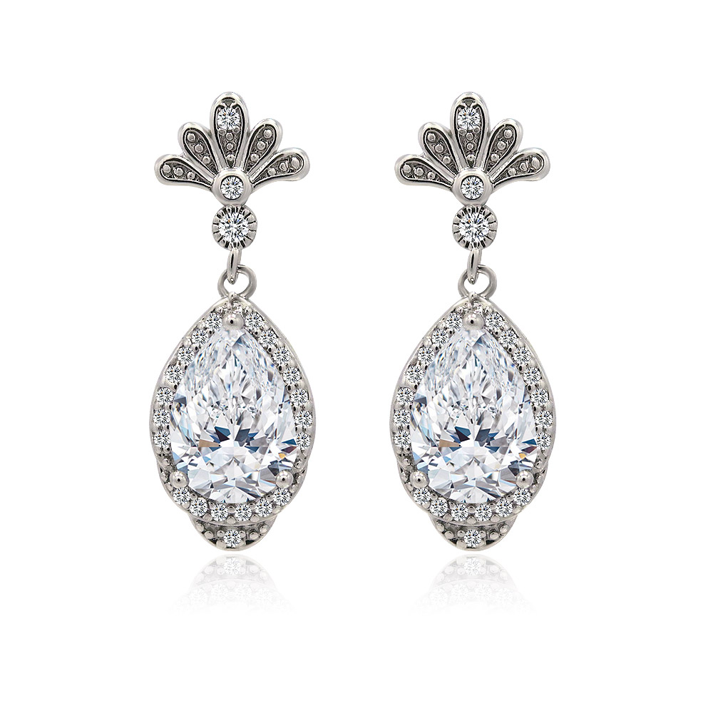 Detailed view of the Teardrop Bridal Jewelry Drop Earrings with a flower-like crystal design