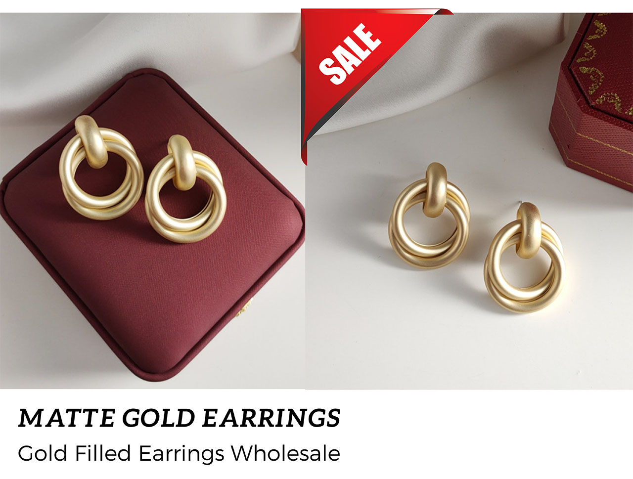 A detailed shot of the matte gold double-ring earrings for wholesale