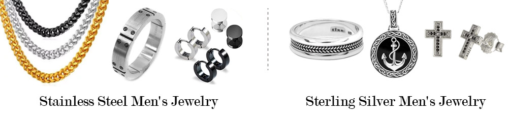 Comparison of men's jewelry made from stainless steel and sterling silver, showcasing different styles.