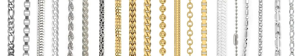 A collection of different metal chain styles available for custom men's necklaces and bracelets.