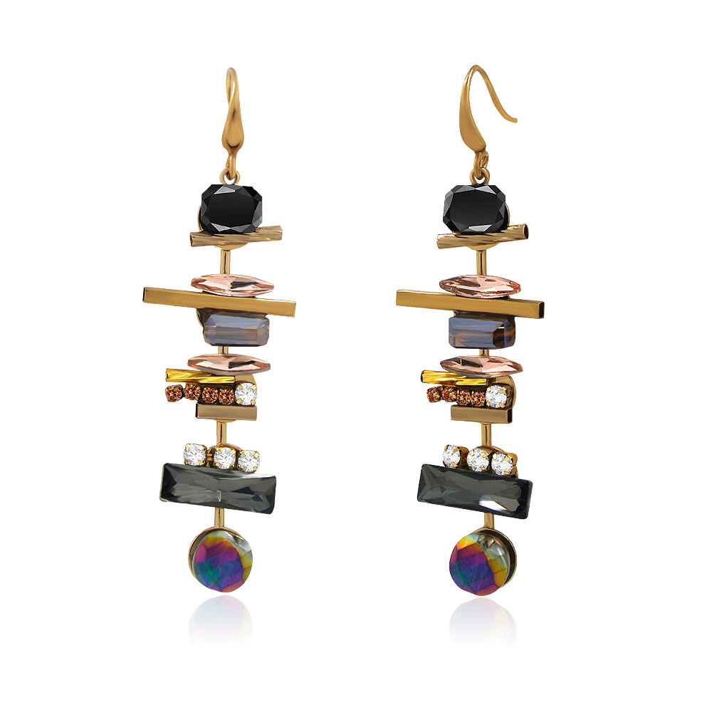 Detailed view of the Art Deco inspired earrings with multi-color crystals
