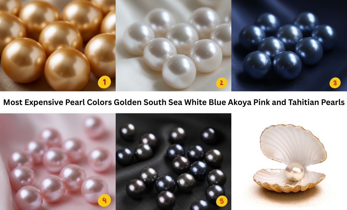 A chart displaying the most expensive pearl colors including Golden South Sea, White South Sea, Blue Akoya, Pink, and Tahitian pearls.