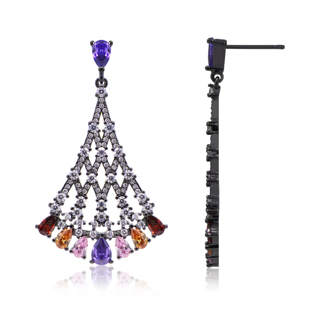 Full view of the Multicolor Fan Drops earrings showcasing the arrangement of all gemstones.