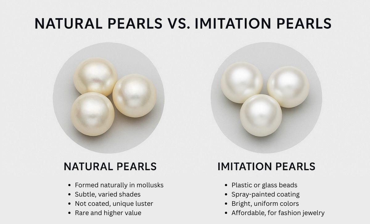 Comparison between natural pearls with authentic luster and imitation pearls with artificial coating.